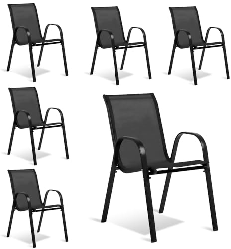 TERRE JARDIN Pack x6 Sillas de Jardín Apilables con Reposabrazos - Sillas de Terraza Exterior en Acero y Textilene - Sillas de Comedor para Patio, Balcón