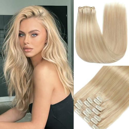 GUDOZO clip in extensions echthaar Graugold zu Platinblond 7pcs 35cm 80g Echthaar extensions clip Nahtlose Echthaar Clip-In Volumen Damen