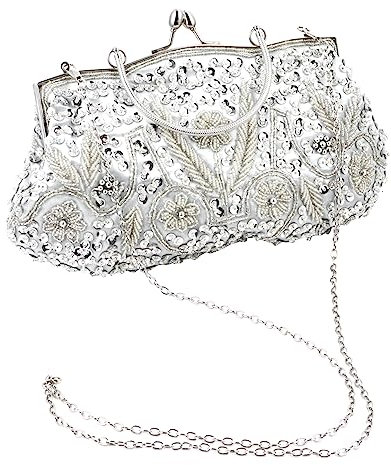 WESIEVYA 1stück Silberne Handtasche Damen Handgefertigte Clutch Bag Mit Kunstperlen Und Blumenstickerei Für Hochzeiten Partys Und Abendveranstaltungen Elegantes Design Tragbare Perfektes