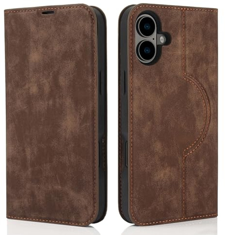 QLTYPRI Hülle für iPhone 16 Kompatibel mit MagSafe, Ledertasche Handyhülle [RFID Schutz] Flip Case mit Kartenhalter Ständer Magnet Klapphülle für iPhone 16 (6.1 Zoll) - Braun