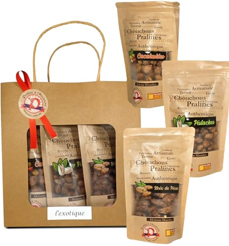 Pralines à l'Ancienne - Cofanetto regalo Praline L'esotico - Scrunchi-dolcetti artigianali - 3 sacchetti regalo - Arachidi, pistacchi, noci di pecan - Made in France