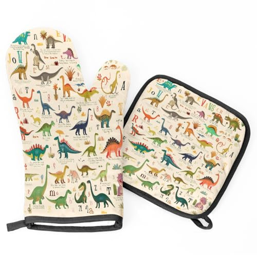 Gants de cuisine et maniques pour barbecue, résistants à la chaleur, motif dinosaure, lettres de l'alphabet