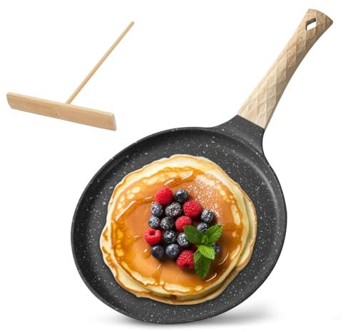 Bocguy Sarten Crepes, 24 cm Sarten Tortitas con Distribuidor de Masa, Recubrimiento Antiadherente, Mango de Bakelita, Compatible con Inducción, sin PFOA