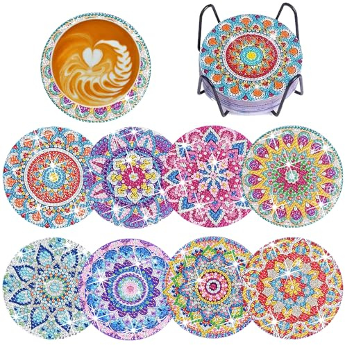 Diamond Painting Untersetzer Mandala mit Halter,8 Stück 5D Diamond Painting DIY Set für Kinder Erwachsene Basteln,Anfänger Diamant Tassenuntersetzer rutschfest fur Tassen,Vasen,Kerzen