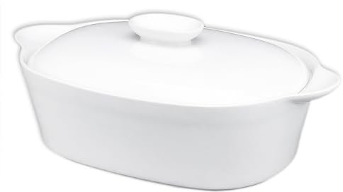 jinsongdafa Plat à gratin avec couvercle 32,5 cm, terrine en céramique blanche française de 1900 ml, plat à gratin et soupe pour servir, ragoûts, lasagnes, four à micro-ondes et four