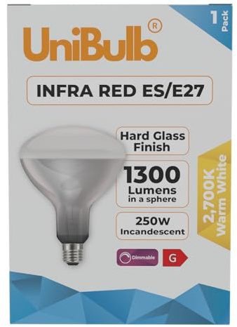 Unibulb Infra-Red Heater Lamp E27 Edison Screw (ES) 1300 Lumens 250W Heat Lamp Light Bulb, 2700k Warm White, Hard Glass Finish, Dimmable (1)