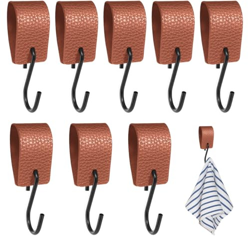 Drenky S Haken mit Lederschlaufe - Metall Haken ohne Bohren, Mehrzweck Garderobenhaken für Kleiderstange, Küche & Bad, Dunkelbraun, 8 Stück