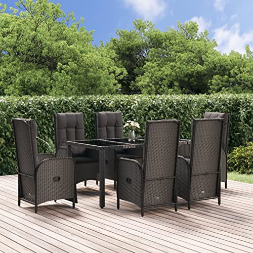 IKAYAA Rattan Essgruppe 6 Personen Gartenmöbel Essgruppe mit Verstellbare Hochlehner Stühlen Garten Sitzgruppe Schwarz Rattan Gartenmöbel Set mit Auflagen Sitzgarnitur mit 150 cm Tisch