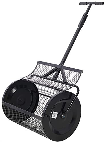Kompoststreuer und Torfmoosstreuer, Kompoststreuer mit Metallgitter, 2-in-1-ATV und T-förmiger Griff zum Pflanzen von Saatgut, Miststreuerwalze für Rasen- und Gartenpflege, 1/2 x 1 Zoll Schlitze (36