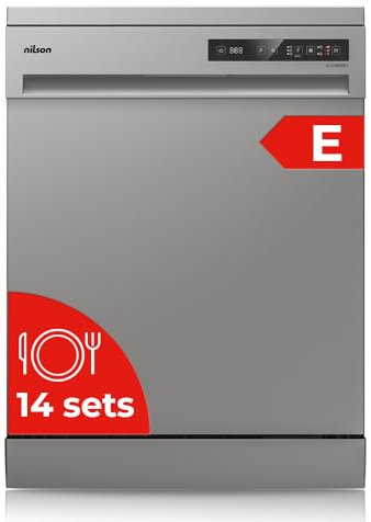 Nilson Lavavajillas 60cm Inox NJ13600EX. 1890W, 14 Cubiertos, 2 Bandejas, 6 Programas, Display LED táctil, Función Stop&Go, Eficiencia Energética Clase E