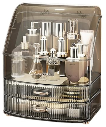 Plukers Makeup Organizer Countertop Vanity with Transparent Lid Drawers Waterproof Dustproof Cosmetic Skincare Bathroom Storage Gift for Women Teens Girls (Clear Black)