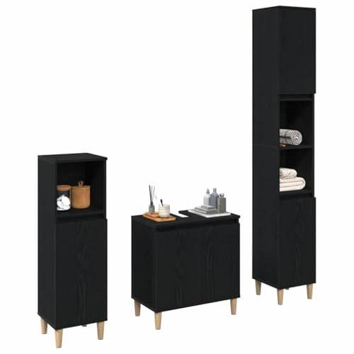 vidaXL Badrumsmöbelset 3 pcs Svart Ek Konstruktions trä och metall, Modern badrumsset, rektangulär design, smart förvaring, minimalistiska platsbesparande skåp