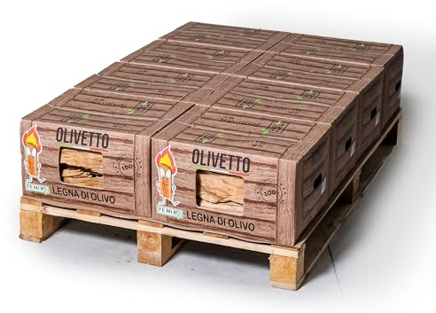 OLIVETTO FEMIRO Legna da Ardere di Olivo in scatole da 10 Kg su Bancale in Scatole di Cartone. Ideale per camini, stufe, forni, pizzerie e barbecue. Confezioni da 10 a 480 kg. (80 Kg)