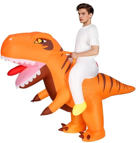 Alaoo Uppblåsbar dinosauriedräkt för vuxna, T-Rex, rolig att åka på, orange dinosaurie, halloweendräkt för halloween, jul, cosplay, maskerad, fest, 160-190cm