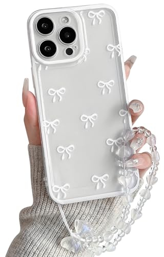 NITITOP for iPhone 15 Pro Max Case Cute Clear Bow Chain,White2 | for Women Girls, Aesthetic Bowknot Ribbon Design, with Wrist Strap, Soft TPU Shockproof Cover, Full Camera Protection