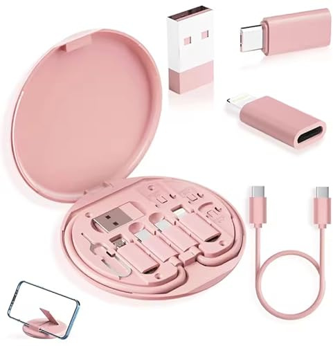 6-in-1 Magnetic Travel Tech Kit – USB-C to Lightning/Micro USB/USB-A Adapters + SIM Card Ejector & Phone Stand Compact Portable Charging Accessory Organiser for iPhone, Android, Tablet, Laptop (Pink)