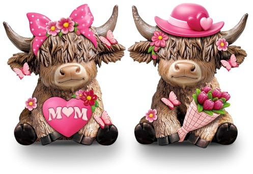 Karenhi 2 Pcs Mother's Day Highland Cow Figurines, Flowers and MOM Heart Resin Cow Gnomes Scottish Resin Statue Calf Lovers Gifts for Home Garden Kitchen Office Tiered Tray Table Decor | Cute Farmhouse Cows with Hat and Flowers, Pink Themed Statues for Spring Home Office Shelf Decorations, Gift for Mom
