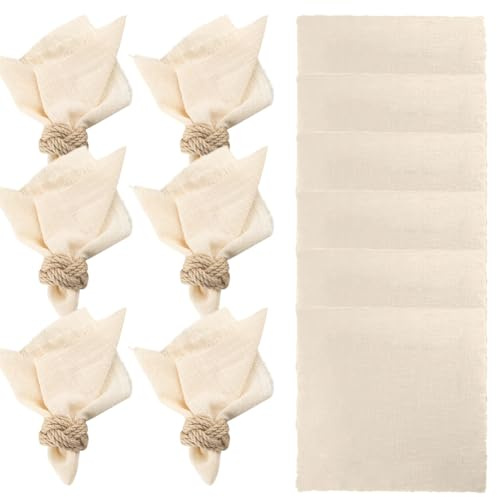 CEWROM tygservetter beige med fransar, 12 stycken tygservetter med 10 m snöre, bomullsservetter för familjefester, bröllop, födelsedagar 42 x 42 cm
