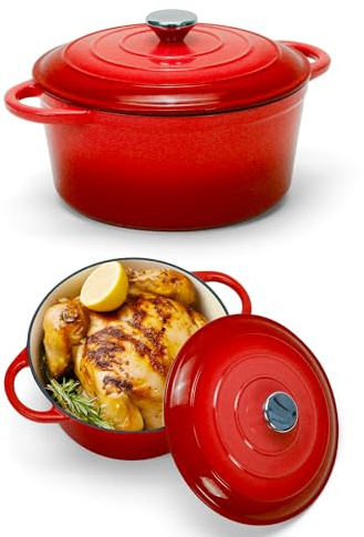 LEADKooKers Gusseisen Topf 4L Ø 24cm - Emaillierter Schmortopf mit Deckel, Gusseisen Bräter für Brot backen & Braten, Induktion Dutch Oven, Brotbacktopf Kasserolle Cocotte Rot