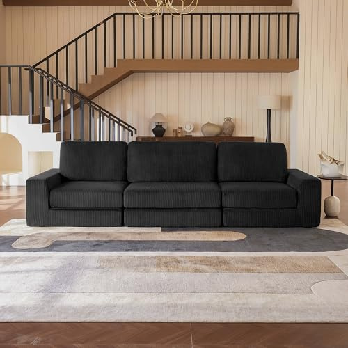 Vorthio 306cm Modulares Boneless Couch, Modernes Übergröße Schlafsofa, L-förmiges Ecksofa Mit Tiefer Sitzfläche Für Wohnzimmerwohnungen, Cord Bodensofa, Schwarz, Kein Zusammenbau Erforderlich