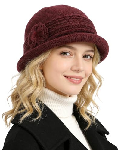 AYPOW Damen Woll Fedora Wintermütze,Doppelschichtige Verdickte Warme Strickmütze,Frauen Anmut Rollkrempe Gestrickter Glockenhut mit Blumen Pompons,Damen Beaniemütze Bowler Hut Melone Hut