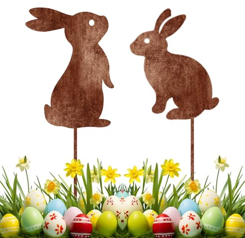 PIujsym 2er Set Gartenstecker Rost Hasen, Osterdeko Outdoor Figuren, Blumenstecker Metall Edelrost, Ostern Deko für Blumentopf und Beet, Patina Landhausstil, 30cm Gesamthöhe