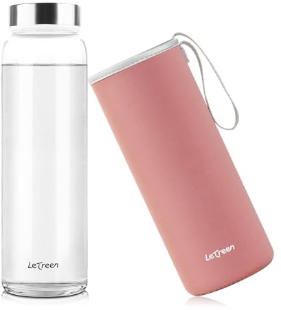 LETREEN Gourde en Verre 1 Litre, 1L avec Housse en Néoprène, sans BPA, étanche et Réutilisable, Bouteille en Verre 1 Litre pour Maison, Voyages, Sport, Yoga, Gym, Boissons Chaudes Froides, 1 Pièces