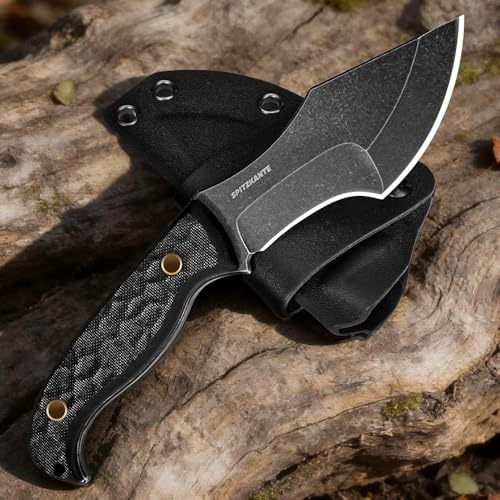 SPITZKANTE Cuchillo de Supervivencia y Cuchillos de Caza – Cuchillo de Hoja Fija Full Tang, Hoja de Acero 5Cr14MoV de 8,8 cm, Mango G10 Antideslizante, Funda Kydex, para Camping y Outdoor