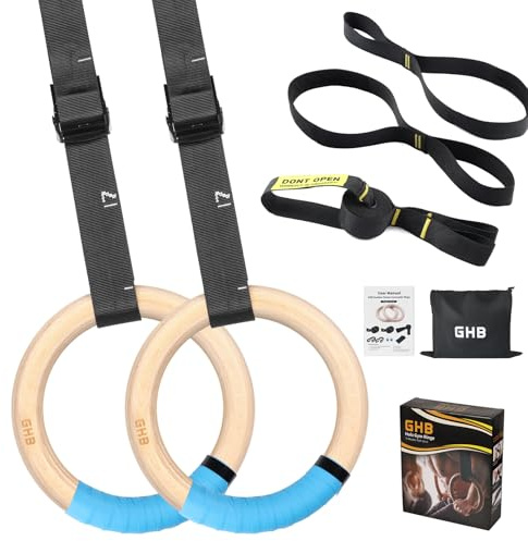 GHB Gymnastic Rings Wooden Gym Rings 32mm Olympic Rings Adjustable Straps Pull Up Rings Sets for Workout Bodyweight Fitness Training