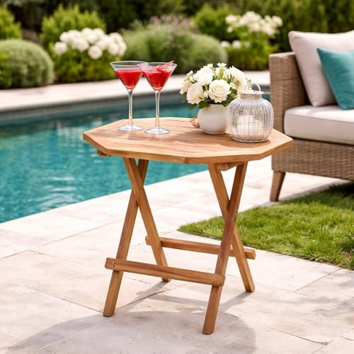 LEBENSwohnART Teak Klapptisch KURSI-Okto 50cm Natural Massivholz Outdoor Picknick Gartentisch Beistelltisch