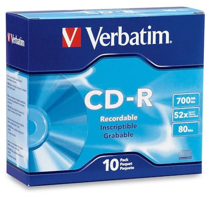 Verbatim CD-R Blank Discs 700MB 80-Minutes 52X Recordable Disc for Data and Music - 10 Pack Slim Cases