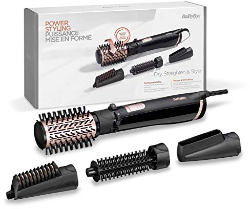BaByliss Brosse soufflante rotative Dry, Straighten and Style - Pour sécher, lisser et mettre en forme, Fonction ionique, Avec 4 accessoires interchangeables, Noir, AS200E