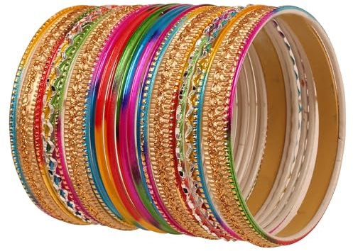 Touchstone Gorgeous Rainbow Bangle Collection. Indian Bollywood Colorful Bangle Bracelets. Set of 24. In Antique Gold Tone For Women.