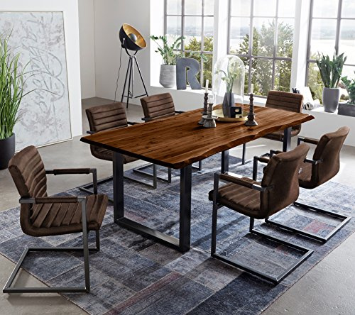 SAM 7 TLG. Essgruppe Quintus, Baumkantentisch 160x85 cm, Akazie-Holz nussbaumfarben, Gestell schwarz, 6X Schwingstuhl Parzivo Wildleder-Optik