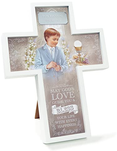 De Walden Boy's 1st Holy Communion Personalised Engraved Table or Wall Mounted First Communion Themed Wooden Cross Gift For a Boy