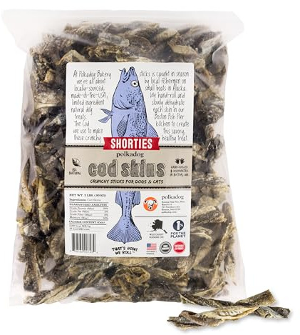 Polkadog Cod Skins for Dogs (2lb Shortie) - Single Ingredient, Wild-Caught Fish Skin Natural Dog Treat Chews. High in Lean Protein & Omega 3. Hypoallergenic, Grain Free. Handcrafted & Made in USA