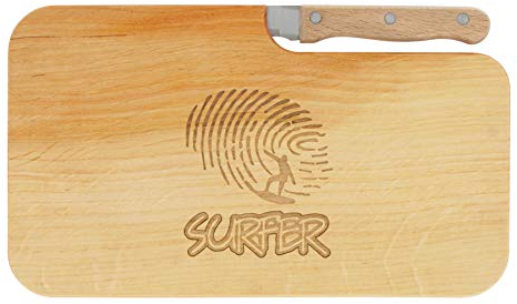 LASERHELD Bread Board Snack Board Wooden Alder Knife Surfer Gift Men Women Chopping Board Wooden Gift Idea for Him & Her
