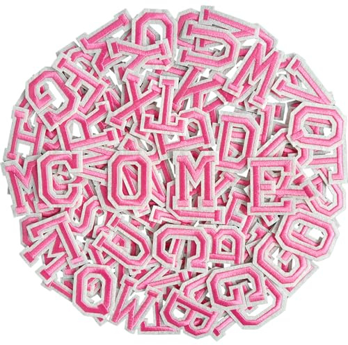 AXEN Iron on Sew on Letter Patches for Clothes, 52pcs Alphabet A to Z, Class Pink