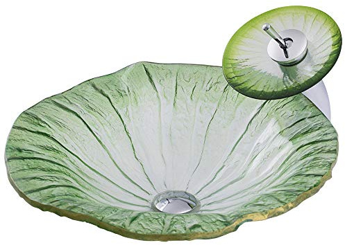 HomeLava Modern Gehärtetes Glas Waschbecken Blatt Design Aufsatz Waschschale Aufsatzbecken Becken Badezimmer mit Wasserfall Wasserhahn