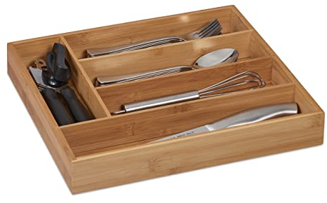 Relaxdays Besteckkasten, 5 Fächer, Bambus, Schubladenkasten klein, für Besteck & Küchenutensilien, HBT 5x30x34 cm, Natur
