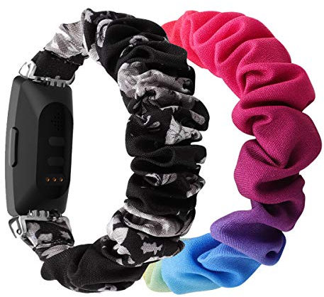 Chofit (2-Pack) Strap Compatible with Fitbit Inspire 2/Inspire HR/Inspire Straps, Replacement Scrunchies Arm Band Chiffon Satin Wristband for Inspire 2 Fitness Tracker (Black-Grey+Rainbow, S)