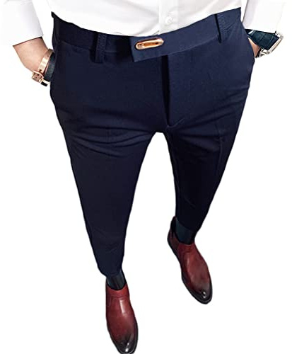 Onsoyours Pantalon Chino Homme Rayé Casual Élastique Slim Fit Pantalon à Carreaux Business Décontracté avec Boucle en métal