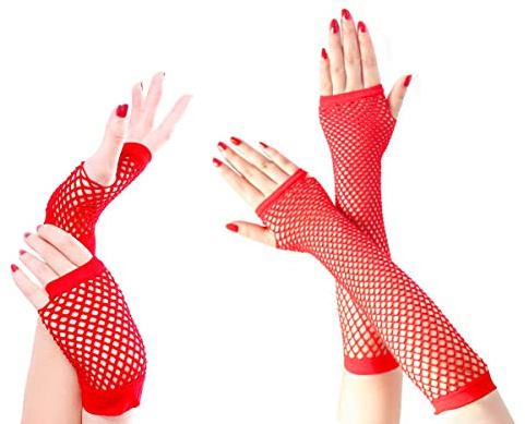 Jagowa 2 Paar Retro Fischnetz Handschuhe, lange und kurze Fischnetz fingerlose Handschuhe, rot, One size