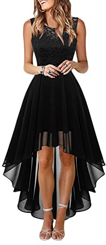 Onsoyours Abiti da Sera Senza Maniche Linea ad A in Pizzo Chiffon al Ginocchio con Orlo Asimmetrico da Donna B Nero L