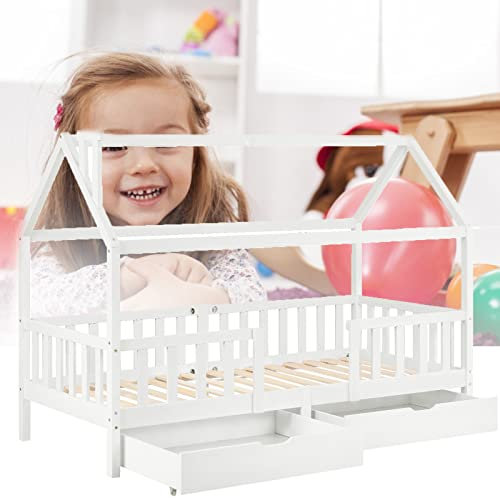 JINTAOMA Hausbett 200x90cm,Vielseitiges Holz Baumhausbett für Jungen & Mädchen, Kinderbett mit Rausfallschutz und Lattenrost, Massivholz Kinder Bett mit 2 Schubladen