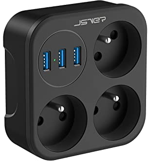 JSVER Multiprise Murale Electrique Secteur, 6 en 1 Prise Multiple 3 Prises et 3 Ports USB Française 3680W 16A Idéal pour Domicile, Bureau-Noir