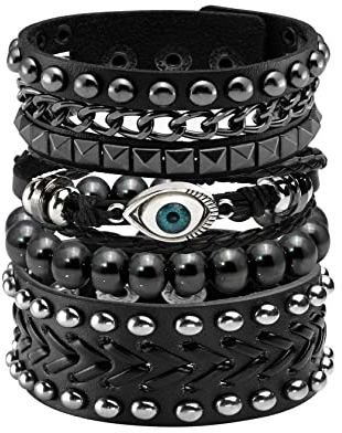 Eigso 4 Pcs Evil Eye Punk Leder Armbänder für Männer Frauen Vintage Retro Nieten Armbänder für Mann Frau