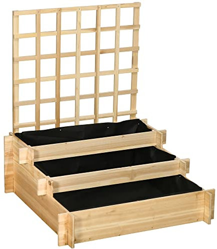 Outsunny Huerto Urbano de 3 Niveles con Enrejado Escalera de Jardinera de Madera con Tela no Tejida para Cultivos Verduras Flores Hierbas 95x95x110 cm Natural
