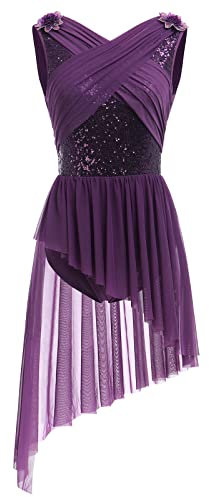 FYMNSI Costume da danza lirica da donna moderno Contemporary Abito da ballo senza maniche Abito da balletto con paillettes asimmetriche Abito in tulle, Lilla, S