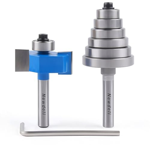 Newdeli 1/4 Inch Shank Rabbet Router Bit 1/2 Height with 6 Bearings Set (1/2, 5/8, 3/4, 7/8, 1, 1-1/8 Bearings) Wood Biscuit Slot Cutters